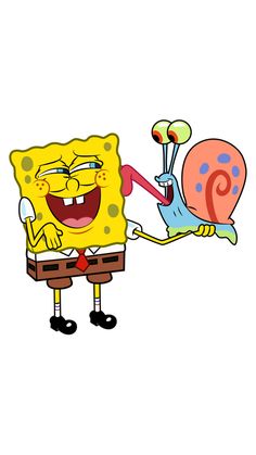 spongebob and his snail friend are holding each other's hands in the air