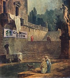 an old painting shows people walking up the steps to a building with a sign that reads coming soon