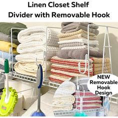 the linen closet shelf is filled with folded towels and other household items, including cleaning supplies