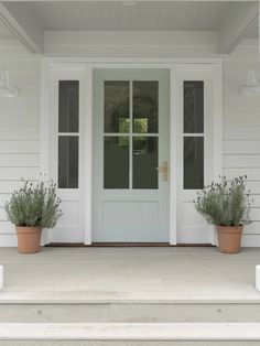 two potted plants sit on the front steps of a white house with glass doors