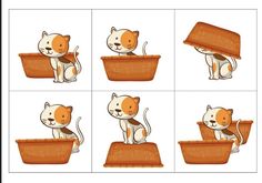 the cat is sitting in a basket and has four different expressions to describe it's name