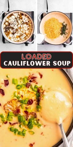 four different pictures show the process of making cauliflower soup