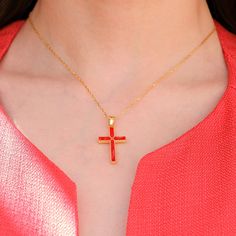 Discover the exquisite beauty of our 14K Gold Vermeil Red Cross Necklace.  A perfect fusion of faith and fashion, this gold vermeil necklace features a stunning red cross pendant that makes a bold statement. Ideal for a cherished gift for the special women in your life, it's not just a piece of jewelry but a symbol of love and devotion.  PRODUCT DETAILS: * Material: 14K Gold Vermeil * Necklace Length: 16 inches + 2 inches extension chain * Adjustable Length * Closure: Lobster Clasp * Style: Mini Cheap Red Cross Necklace, Red Gold Plated Necklace For Anniversary, Red Spiritual Cross Pendant Jewelry, Spiritual Red Cross Pendant Necklace, Red Cross Necklace For Valentine's Day, Red Spiritual Necklace For Anniversary, Elegant Red Cross Pendant Jewelry, Red Cross Necklace, Red Necklaces