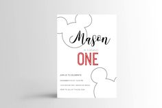 a mickey mouse birthday party card with the word,'one'in black and white