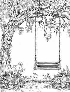 a swing hanging from a tree with flowers