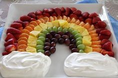 a white plate topped with fruit and whipped cream