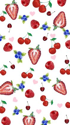 an image of strawberries and cherries on a white background with heart shaped berries