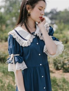 Vintage Women Blue Dress Sweet Peter Pan Collar Lace Flare Sleeve Long Maxi Dresses For Slim Lady Mori Girl Vestidos Faldas About Size S:bust 86cm,waist 68cm,length 108cm,shoulder 34cm M:bust 90cm,waist 72cm,length 109cm,shoulder 35cm L:bust 94cm,waist 76cm,length 110cm,shoulder 36cm NOTE 1: 1 inch=2.54cm  1cm=0.39inch NOTE 2: There might be slightly difference in color, because of the computer monitor settings. NOTE 3: With the difference in the measurement method, please allow 1-3 cm in si... Spring School Dress With Collar, Collared Spring Dresses For School, Cute Summer Vintage Dress With Doll Collar, Spring School Dress With Peter Pan Collar, Cute Mini Length Dresses For School, Casual Dresses With Lace Doll Collar, Blue Doll Collar Summer Dress, Retro Blue Puff Sleeve Dress, Blue Summer Dress With Doll Collar