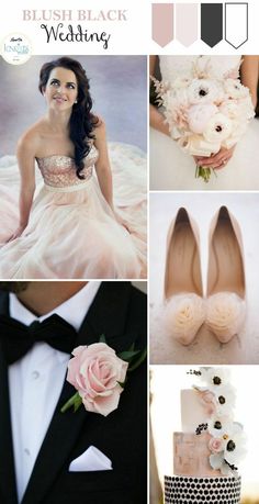 a collage of different wedding colors and details including shoes, dress, bouquet, veil, tuxedo