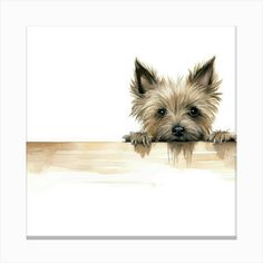 a painting of a small dog peeking over a wooden table with his paw on the edge