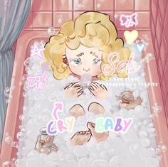 a little blonde girl taking a bath in a pink tub with bubbles and teddy bears