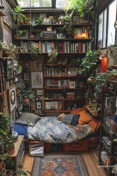 a room filled with lots of plants and bookshelves next to a bed in front of a window