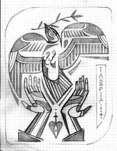 a black and white drawing of a bird with two hands on it's chest