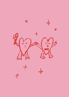 two hearts holding hands with stars in the sky behind them on a light pink background