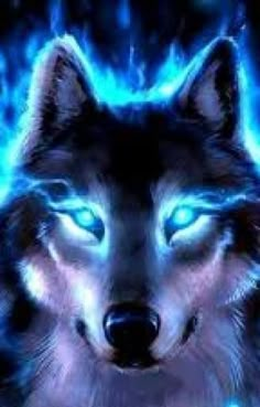 a wolf with glowing blue eyes stares into the camera