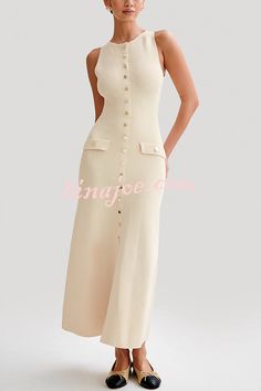 White Sleeveless Maxi Dress With Button Closure, Casual Sleeveless Maxi Dress With Button Closure, Chic Sleeveless Maxi Dress With Button Closure, Beige Sleeveless Midi Dress With Buttons, Sleeveless Beige Midi Dress With Button Closure, Beige Sleeveless Midi Dress With Button Closure, Fitted Sleeveless Maxi Dress With Buttons, Knitted Maxi Dress, Fit Style