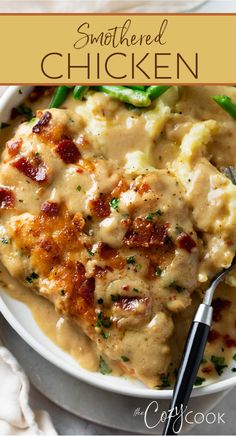 smothered chicken with crumbled bacon on a white plate and topped with gravy Smothered Chicken, Dinner Recipes For Family, Chicken Dinners, Chicken Recipes Casserole