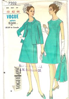 Vogue Special Design dress and jacket sewing pattern. Sizes 40  Bust 42 in  Hip 44 in This pattern is cut and complete. The envelope has discoloration. All patterns are mailed in quality archival storage sleeves. 60s Vogue, 1960s Patterns, Coat Pattern Sewing, Vintage Dress 60s, Simplicity Dress, Jacket Pattern Sewing, Vogue Dress