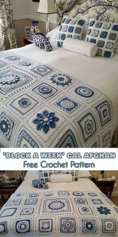 a bed with blue and white crochet bedspread, pillows and blankets