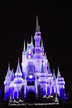 the castle is lit up with blue lights