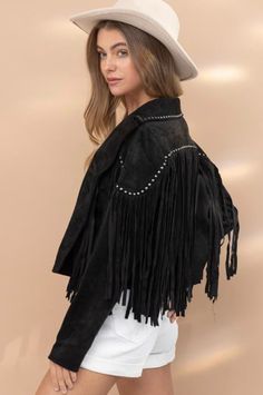 BLACK STUDDED FRINGE JACKET This Black Suede Studded Mini Crop Fringe Western Jacket is a timelessly classic design, crafted from high quality faux suede and studded with decorative hardware for a fashion-forward look. With its cropped fit and fringed hem, this jacket is sure to make a statement. Studded Jacket, Western Jacket, Suede Fringe Jacket, Fringe Jacket, Western Boho, Black Fringe, Suede Fringe, Decorative Hardware, Rave Outfits