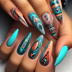 Nail Art Flowers Designs, Aztec Nail Designs, Turquoise Nail Art, Aztec Nail Art, Bad And Boujee Nails, Nails Latina, Birthday Nails Ideas, Boujee Nails, Gold Gel Nails