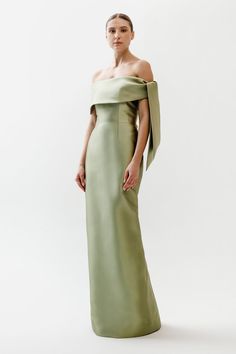 Off Shoulder Draped Tie Gown Bridesmaid Gown Elegant, Colour Sage Green, Off Shoulder Bridesmaid Dress, Gowns Elegant, Sage Green Dress, Gown Suit, Dress Code Wedding, Off Shoulder Gown, Trumpet Skirt