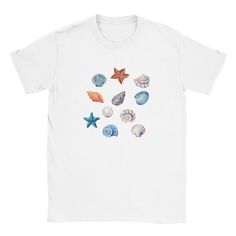 Dive into coastal elegance with our Vintage Watercolour Seashell Tee. Featuring watercolor seashells and vintage sea icons, this shirt captures the timeless beauty of the ocean in retro style. Embrace the serenity of seaside living with this charming and stylish fashion piece." A classic unisex t-shirt that works well with any outfit. Made of a heavier cotton with a double-stitched neckline and sleeves.- Rolled-forward shoulders for a better fit- Stylish fitted sleeve- Seamless double-needle col Nautical Beach Tops For Summer, Nautical Style Beach Tops For Summer, Nautical Tops For Beach In Summer, Nautical Style Graphic Print Tops For Summer, White Casual Shell For Beach Season, Casual White Shell For Beach Season, Blue Ocean-inspired Shell For Summer, White Casual Shell For Summer, Casual White Shell For Summer