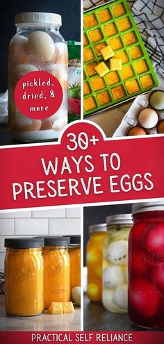 jars filled with different types of food and the title reads 30 ways to preserve eggs practical self reliance