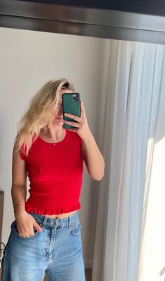 Drôle de Copine Red Knit Blouse. Size tag S/M. For your reference, model wears size S/M, is 175 cm tall and 67 kg weight, bust size 75B/C. Knitted Blouse, Summer Blouse, Blouse Sleeveless, Knit Crop Top, Crop Top Blouse, Knit Crop, Womens Clothing Tops, Ruffles, Art Collection