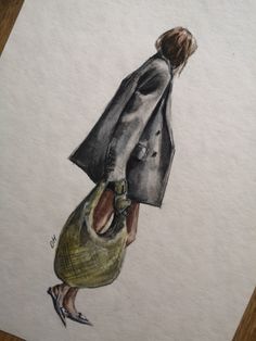 a drawing of a woman in a trench coat and green dress carrying a yellow purse