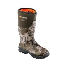 a pair of boots with camouflage print on the side and an orange rubber outstep