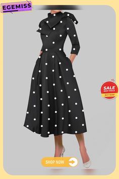 Polka Dots Regular Fit High Elasticity X-line Stand Collar Elegant Dress Polka Dot A-line Midi Dress For Spring, Polka Dot A-line Spring Midi Dress, Spring A-line Polka Dot Midi Dress, Polka Dot A-line Party Dress, Elegant Dress, Women's Fashion Dresses, Three Quarter, Stand Collar, Polka Dots