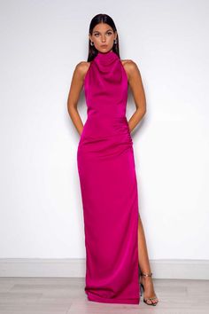 Pre-draped Satin Maxi Dress With Cowl Back, Evening High Neck Dress With Tie Back, Fitted Satin Finish Pre-draped Maxi Dress, Sleek Satin Finish Maxi Dress For Prom, High Neck Maxi Dress For Gala, Full Length Satin Finish Maxi Dress, Sleek Satin Maxi Dress With Tie Back, Modal Satin Fitted Maxi Dress, Full-length Satin Dress With Side Slits