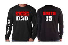 Soccer Dad Shirt | Soccer Long sleeve (one sleeve/one word only) Shirt | Customize your team & colors PLEASE READ BEFORE ORDERING WE CANNOT RUSH ORDERS OR CREATE NEW DESIGNS DURING PEAK SEASON AUG - MAY. IF YOU NEED TO CANCEL PLEASE DO SO WITHIN 24HRS Please read full description before ordering we cannot be responsible for mistakes made by not reading the full description. ORDERING INSTRUCTIONS: 1. Select your Garment Size/Color Each size must be selected separately. Please do NOT leave a l Soccer Dad Shirt, Soccer Time, Basketball Mom Shirts, Business Clothes, Tee Ideas, Soccer Theme, Soccer Mom Shirt, Soccer Shirt, Spirit Shirts