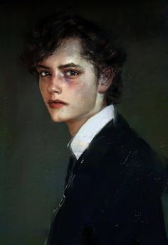 a painting of a young man in a black suit and white shirt with dark eyes