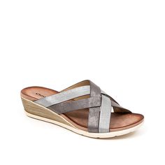 Ninety Union-Zara Wedge Sandal Infuse a dash of shimmer to your look with the Zara wedge sandal from Ninety Union. This sandal has crisscross strappy upper in a metallic finish to add an urban flair to its classic design. Its flex bottom with fully padded inner sole cushions your feet for all-day wear. Cheap Silver Wedge Sandals For The Beach, Cheap Casual Silver Wedge Sandals, Cheap Silver Wedge Sandals With Closed Toe, Cheap Silver Closed Toe Wedge Sandals, Metallic Wedge Heel Sandals For Summer, Silver Wedge Heel Sandals For The Beach, Silver Round Toe Wedge Sandals With Cushioned Footbed, Silver Slip-on Wedge Sandals For Spring, Silver Slip-on Wedge Sandals