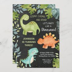 two dinosaur baby shower cards with green leaves