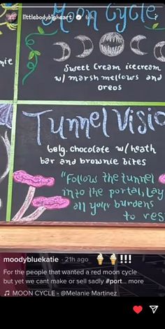 a menu for some type of ice cream shop with chalk writing on the front and back