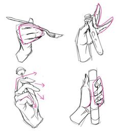 four different ways to draw hands with scissors and toothbrushes in one hand, the other