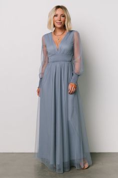 Looking for a perfect long sleeve maxi dress? This is it! Our Layla Tulle Maxi Dress is stunning in Blue + Golden Floral. You'll wear it again and again! Tulle Maxi Dress, Dusty Green, Dress Dusty, Chiffon Material, Dresses Lace, Sleeve Maxi Dress, Again And Again, Long Sleeve Maxi, Light Blue Color