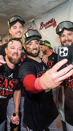 Atlanta Braves pitchers (right to left) Kirby Yates, Max Fried, Kevin Pillar, and Brad Hand celebrate the NL East Division Clinch. Georgia On My Mind, Always On My Mind, The Beautiful Game, Let Go, Sports Team, Division, Goats