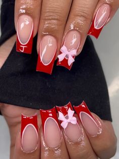 Short Acrylic Nails Red French Tip, Red Nails Ideas Prom, French Tip Christmas Nail Designs, French Nails With Bow Charm, Matching Valentines Nails With Boyfriend, Gel X Valentines Nails, Valentine Nails Square, Pink And Red Nails Acrylic, Short Red Acrylics