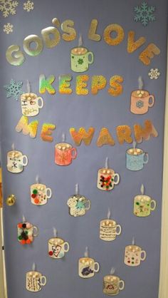 a door decorated with magnets and coffee mugs that say god's love keeps warm