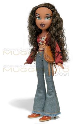 a doll with long hair wearing jeans and a red shirt is standing in front of a white background