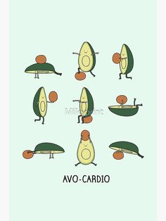 an avocado cartoon character set on a blue background with the words avo - cardio