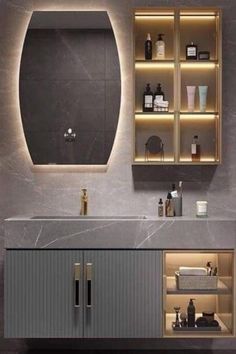 a bathroom with a sink, mirror and shelves on the wall next to each other