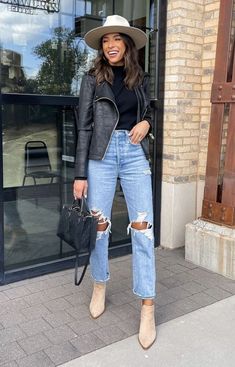 Fall Style // Fall outfit idea. Women's Layered Outfits, Utah Winter Outfits Cold Weather, Black Dress Leather Jacket Boots, Vegas Outfits For 30 Year Old Women, Winter Austin Outfits, Special Occasion Pants Outfit, Casual Flair Jeans Outfit, Winter Stylist Outfit, Bonfire Party Outfit Winter