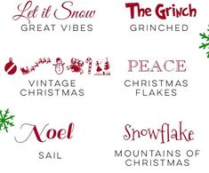 six different christmas font styles with snowflakes and santa's sleigh