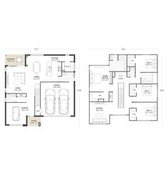 two story house plans with garage and living room in the middle, one bedroom on each floor